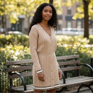 SAYLOR Varsity Cable-knit Sweater Dress Tan Gold Old Money Academia Preppy Small